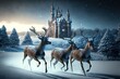 3 reindeer running through a snow covered field , castle with christmas lights in background