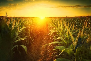 Wall Mural - a cornfield stock photo Corn - Crop, Corn, Agricultural Field, Sunrise