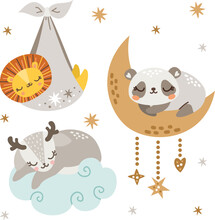 Vector Children's Illustration. Cute Newborn Animals Sleeping. Baby Deer Sleeping On A Cloud, Lion Cub In A Diaper, Panda Sleeping On The Moon
