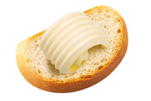 Bread Baguette Slice With Butter Curl Atop, Isolated, Top View Png