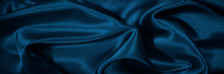 Wall Mural - Dark greenish blue silk satin. Smooth silky shiny fabric. Luxury background for design. Christmas, New Year, festive, party. Web banner. Wide. Long. Panoramic.