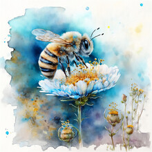 Beautiful Honey Bee On A White Flower With A Blue-yellow Background. Watercolor Drawing. Generative AI