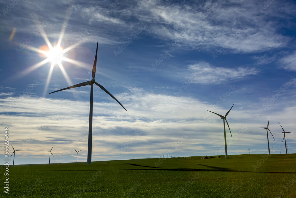 Rows of large wind turbines on a green field with a sunburst in a blue ...