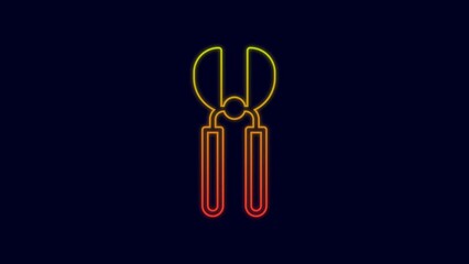 Sticker - Glowing neon line Gardening handmade scissors for trimming icon isolated on blue background. Pruning shears with wooden handles. 4K Video motion graphic animation