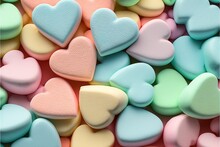  A Pile Of Heart Shaped Candy Candys On A Table With A Blue Heart On Top Of Them And A Pink Heart On The Top.