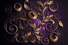  A Purple And Gold Wall With A Decorative Design On It's Side And A Black Background With A Gold Swirl.
