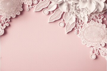 Canvas Print -  a pink background with white flowers and leaves on it's side and a white lace border on the bottom. Generative AI