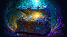 Opened Treasure Chest With Glowing Sparkles And Stars. Fantasy Background

