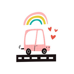 Cute pink car rolling on a road, rainbow and heart shapes isolated on white. Cartoon automobile vehicle with texture doodle drawing clipart