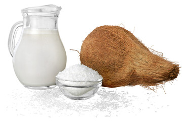 Wall Mural - Coconut and a bottle with coconuts milk and grated coconut