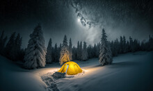 Camping In The Snowy Mountains On A Expedition. Beautiful Winter Nature Landscape. A Pitched Tent Under The Shining Stars Of The Milky Way Night Sky With Snowy Mountains In The Background.	
