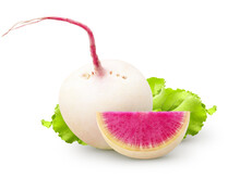 Isolated Watermelon Radishes. Whole Raw Watermelon Radish And A Piece With Leaves Isolated On White Background With Clipping Path