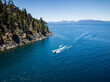 Aerial of red boat in Lake Tahoe in spring time