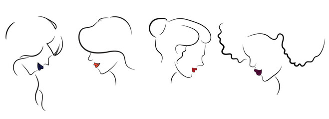 simple and minimalistic line drawing of beautiful women. Abstract vector illustration art of female faces and hair, outline