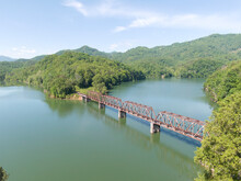 Aerial Of Train Trestle On Fontana Lake In Smoky Mountains In North Carolina