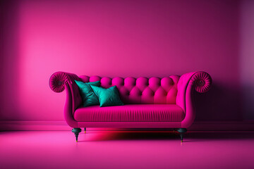 Poster - ai midjourney illustration of a pink cosy sofa in a pink room