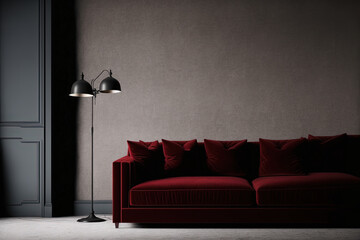 Wall Mural - ai midjourney illustration of a dark red sofa in a gray room