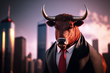 Wall Mural - portrait of a bull in a suit, ai generated