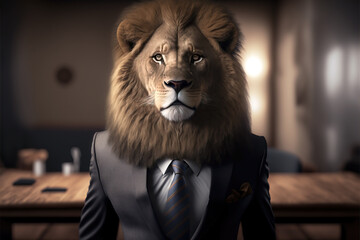 Wall Mural - portrait of a lion in a suit in an office, ai generated