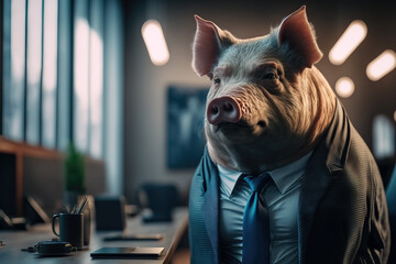 Wall Mural - portrait of a pig in a suit sitting at a desk, ai generated
