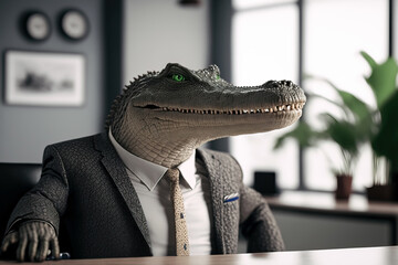 Wall Mural - portrait of a crocodile in a suit sitting at a desk, ai generated