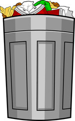 Wall Mural - Cartoon Metal Garbage Can With Trash. Hand Drawn Illustration Isolated On Transparent Background