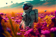 Astronaut picking beautiful flowers on a mesmerizing alien planet. space themed galaxy moments of a space mans life. room for copy space and print inspiring wanderlust for those who love to travel 