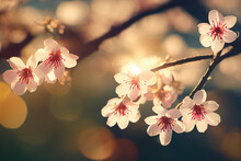 Warm Closeup Of Spring Blossoms In A Nature Scene With Closely Shot Blooming Tree And Diffused Sun Flare With Blurred Bokeh Background