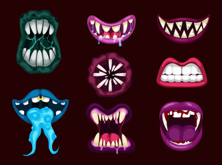 Wall Mural - Terrible monster mouths. Scary lips teeth and tongue monsters. Monstrous mouths, emotions, facial expressions for Halloween