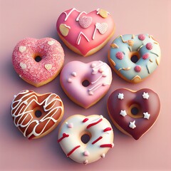 Heart shaped delicious donuts on a pink background for valentine's day - generative ai