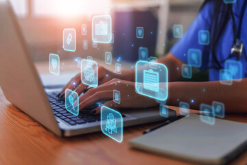 Doctor working office research studying heart disease illness, using modern computer technology display assistance artificial intelligence AI, healthcare medical staff in hospital clinic office
