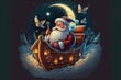 Santa riding boat on cloud with moon. Illustration.