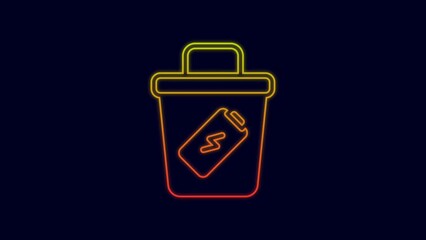 Poster - Glowing neon line Trash can icon isolated on blue background. Garbage bin sign. Recycle basket icon. Office trash icon. 4K Video motion graphic animation