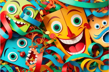 happy party carneval masks with wig and confetti pieces and ribbon Falling in colorful colors. Generative ai illustration