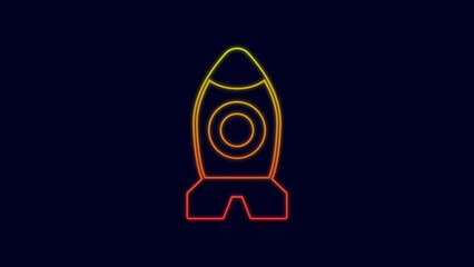 Wall Mural - Glowing neon line Rocket ship toy icon isolated on blue background. Space travel. 4K Video motion graphic animation