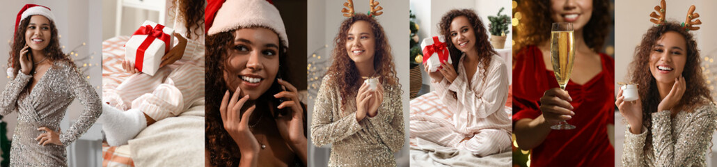 Poster - Collage of young African-American woman on Christmas eve at home