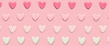 Many Tasty Cookies In Shape Of Hearts On Pink Background. Pattern For Valentine's Day