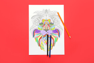 Sticker - Coloring page and pencils on red background