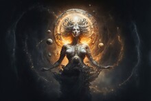 4K Resolution Or Higher, Greek Godess, Galaxy With Solar System As Background. Generative AI Technology