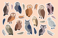 Owls Paper Set. Collection Of Stickers For Social Networks And Messengers. Birds With Different Coloring, Forest Dweller And Fauna. Cartoon Flat Vector Illustrations Isolated On Beige Background