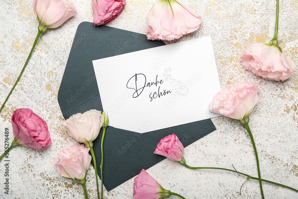 Card with text DANKE SCHON and beautiful eustoma flowers on light background