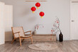 © Pixel-Shot - Interior of living room with armchair and decor for Chinese New Year celebration