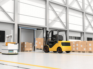 Wall Mural - Electric forklift loading goods to truck. AGV robot and cardboard boxes in modern distribution center. 3D rendering image.