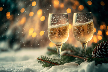 Celebrating Christmas with champagne, two glasses standing in the snow