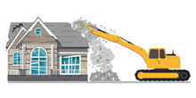 Demolition Of A Building. Destruction Of The House With The Help Of An Excavator. Dismantling Of An Old Building Isolated On A White Background Vector Illustration.