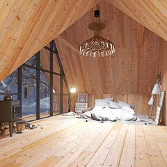 wooden attic interior and nature background