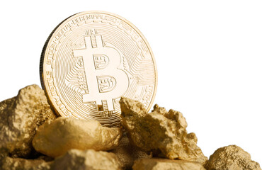 Wall Mural - Golden bitcoin and a pile of gold stones, money concept