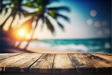  A Wooden Table With A View Of The Ocean And A Palm Tree In The Background With A Blurry Image Of The Ocean.