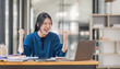 © David - Image of a happy excited young entrepreneur Asian woman in workplace, winner, feel excited, Happy, joyful, Surprised and business finance concept.