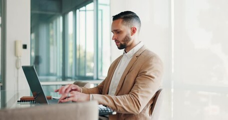 Aufkleber - Laptop, office and business man typing working on email, report or project. Tech, computer and male employee writing sales proposal, planning marketing and advertising strategy in company workplace.